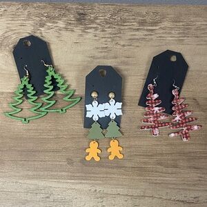 Festive Tree & Gingerbread Dangle Earrings - Green, Red Plaid, Olive & Yellow